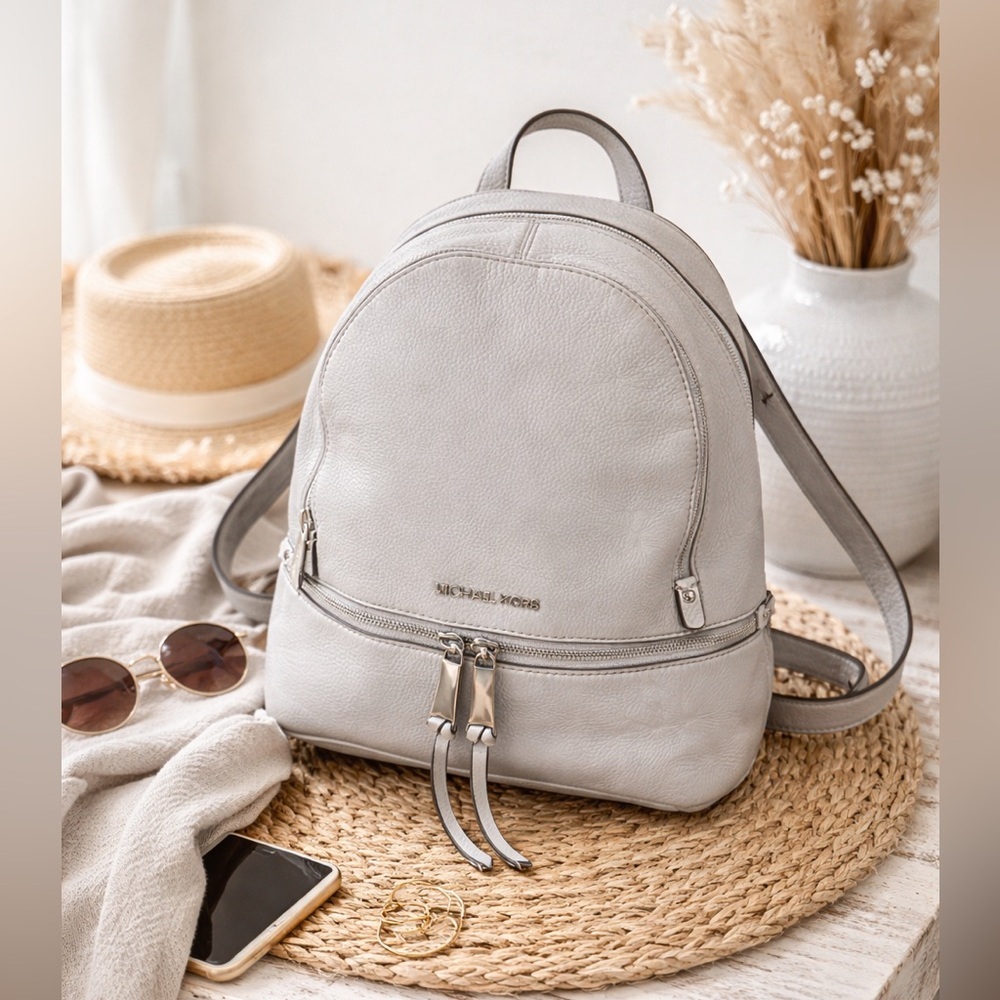 Michael Kors Light Gray Pebbled Leather Backpack - Picture 1 of 10